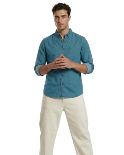 Image of Amazon Brand - INKAST Men Washed Cotton Twill Denim Casual Button Down Shirt | Full Sleeves | Regular Fit | Stylish Summer - Everyday Wear
