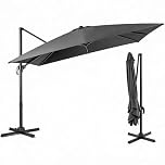 TANGZON 3M Cantilever Garden Parasol, Heavy Duty Offset Patio Umbrella with Crank Handle, Cross Base & 360° Rotation, Outdoor Square Hanging Sun Shade Umbrella, Beige