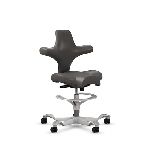 Image of HAG Capisco Sit to Stand Chair-Silver Frame-Upholstered Gray Ash Vinyl-with Foot Ring