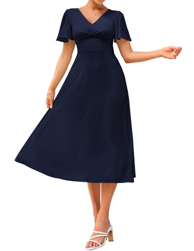 GRACE KARIN Women V Neck Short Sleeve Summer Dress A Line Maxi Dress Square Back Casual Flowy Boho Dresses Navy Blue L