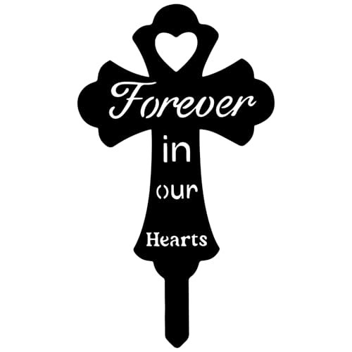 ruelen Grave Decorations for Cemetery: Forever in Our Hearts Metal Pet Grave Marker - Cross Sympathy Memorial Stake for Outdoor. Ideal Gifts to Honor The Memory of Departed Loved Ones(9.8 x 5.6'')
