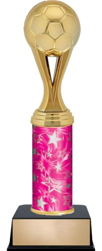 11" Soccer Gold Ball Trophies - Custom Engraved Soccer Pink and Silver Star Column Trophy Awards