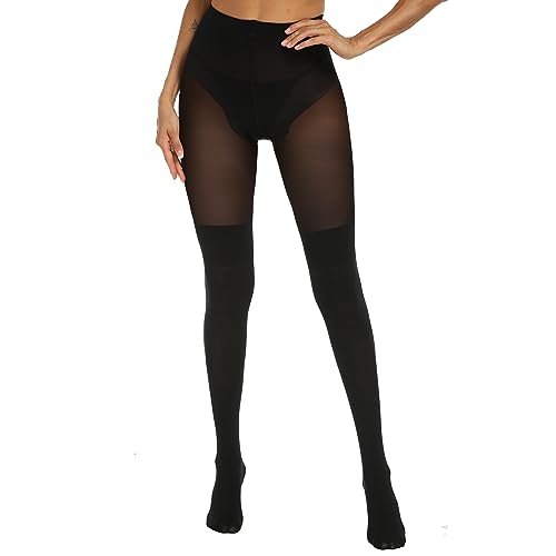 MANZI Womens Faux Thigh High Stockings Black Opaque Tights Stitching Sheer Pantyhose Mock Over the Knee Goth Tights Run Resistant Nylons