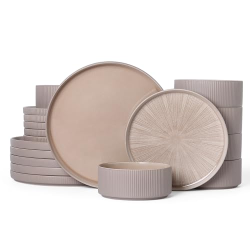Image of Dinnerware Sets for 6, Ceramic Plates and Bowls Set 18 Piece Dinnerware Chip Resistant Stoneware, Dishwasher and Microwave Safe-Brown