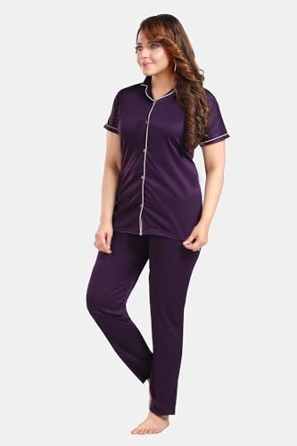 Image of Fabme Women's Satin Collor Night Suit - Top and Pyjama Set