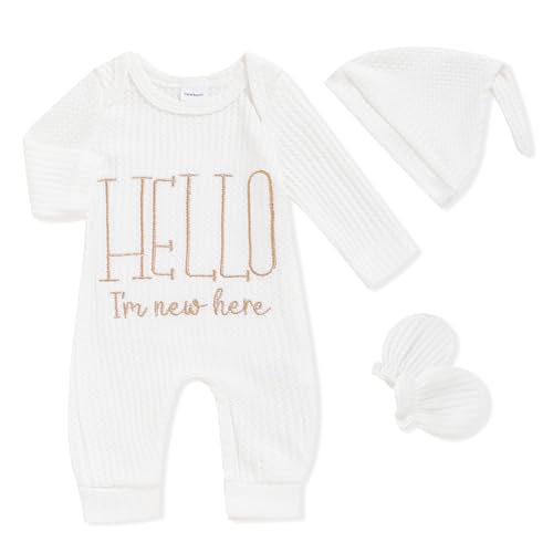 Image of GRNSHTS Newborn Baby Boy Romper Coming Home Outfits Letter Print Bodysuit Jumpsuit+Hat+Gloves 3PCS Clothes Set