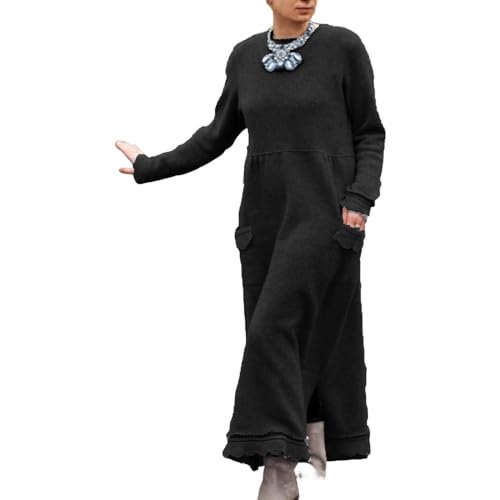 Women's Solid Lace Crewneck Maxi Dress Casual Loose Plus Size Fall Pullover Dresses for Women with Pockets