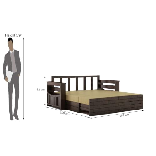 Image of MAMTA DECORATION Wooden Sofa Cum Bed for Living Room | Solid Sheesham Wood Convertible 3 Seater Diwan Sofa Bed with Pull-Out Storage Armrest | Folding Double Bed for Home & Guest Room | Walnut Finish