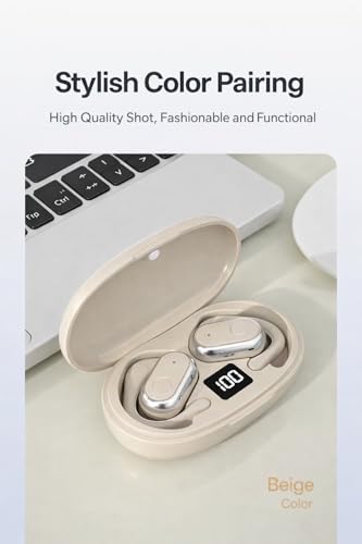 Image of OWS- W300 True Wireless Earbuds, Gaming Earbuds with Open Wearable Stereo, 50 Hours Playtime, Bluetooth 5.4 + ENC Clarity, 13mm HD BASS Drivers, IPX6 Sweat-Proof,Built-in Mic (Beige)