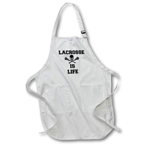 BLACK Full Length Apron with Pockets 22w x 30l - Lacrosse is life picture of black skull and lacrosse sticks Xander sports quotes