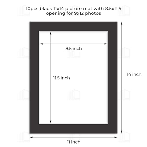 Frametory, 11x14 Black Picture Mats for 9x12 Photos with White Core Bevel Edge Framing Mattes, Acid Free and 4-Ply Thickness - Pack of 10 by Frametory - Image 2