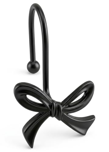 Dylrauoza Black Shower Curtain Hooks, 12 Pack Bow Shower Curtain Rings, Decorative Metal Rust Proof Curtain Hangers with 3D Ribbon Design, French Vintage Aesthetic Bathroom Decor