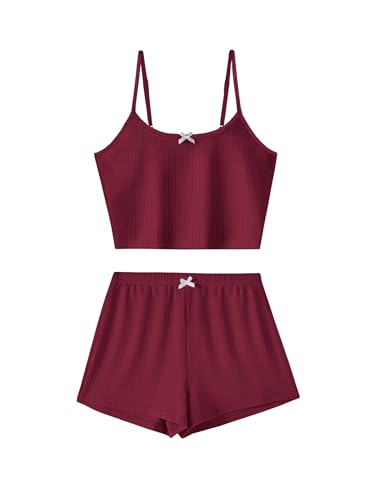 Image of Hilinker Womens Graphic 2 Piece Pajama Set Summer Cute Crop Cami and Shorts Ribbed Lounge Sets