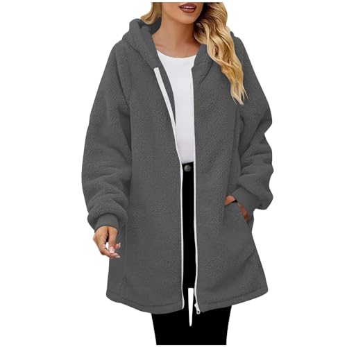 Dyhxuan Chaqueta de franela para mujer, de un solo color, forro polar con capucha, chaqueta de felpa suave, corte holgado, chaqueta informal de invierno con bolsillo, gris, 3XL