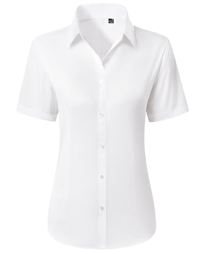 siliteelon White Button Down Shirt Women Short Sleeve Dresss Shirts Stain Shield Collared Blouses Wrinkle Free Work Business Attires