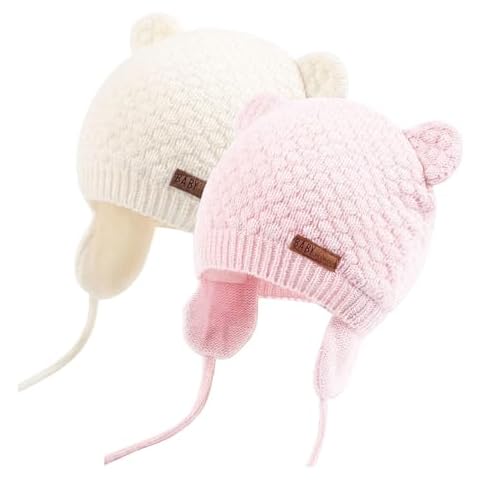 Duoyeree Kids Baby Hat Soft Warm Cable Knit Beanie Toddler Girl Fall Winter Hats (White and Pink, 0-6 Months) Cover