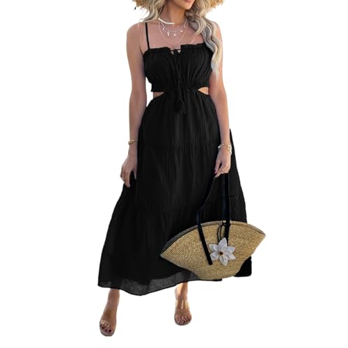 Image of Sumleno Women's 2026 Summer Bohemian Maxi Dresses Spaghetti Strap Cutout Tie Back Tiered Flowy Dress Vacation Beach Outfits