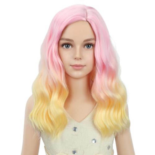 Image of PATTNIUM Girls Pink Ombre Yellow Short Curly Wavy Wigs Kids Side Part Shoulder Length Heat Resistant Synthetic Wig Halloween Cosplay Costume Party Wigs