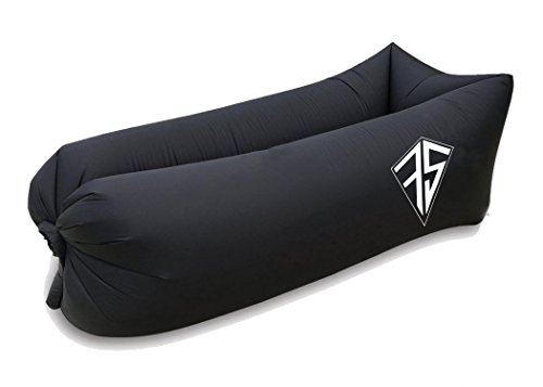 FS Waterproof Inflatable Air Lounger with Carrying Bag, Securing Stakes, and Adjustable Size Perfect for Festivals, Camping, Hiking, Travel, Parties, Beaches, and Pools - Black