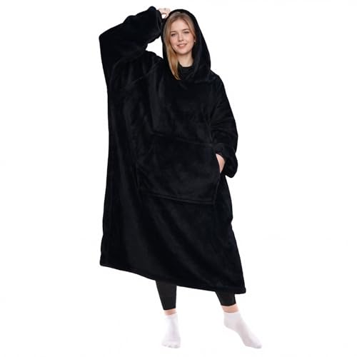 KPBLIS Wearable Blanket Hoodie Gifts for Women Men, Cozy Hoodie Blankets Sweatshirt Christmas Birthday Gifts for Women Mom Wife, Warm Fleece Hooded Blanket with Sleeves for Adults, Black