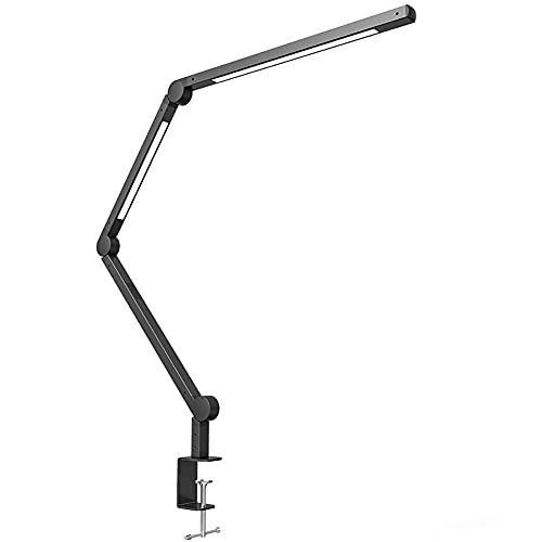 Fuente de luz dual Lámpara Escritorio LED,12W Lámpara de Mesa de Cuidado Ocular Brazo Oscilante Abrazadera Luz Regulable con 9 Modos de Color + Temporizador + Memoria para Lectura Trabajo Oficina Cover