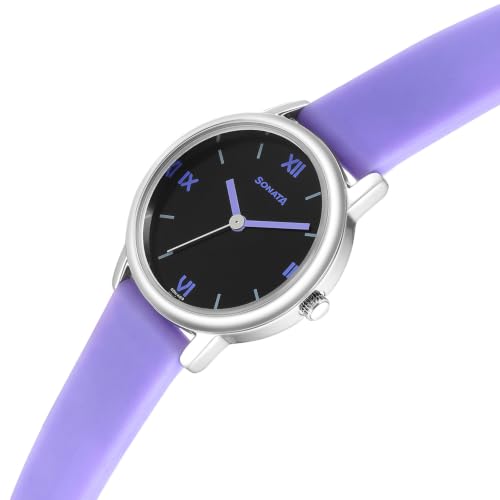 Image of Sonata Plain 3 Hands Metal Black Round Dial Purple-Silicon Spray. Polyurethane Strap Womens Watch - 8172SP04
