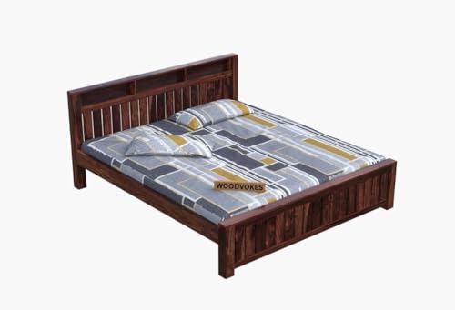 Image of Sheesham Wood Bed Without Storage Solid Wooden Cot Bed Elegant and Functional Bedroom Living Room Home (Walnut Finish, King)