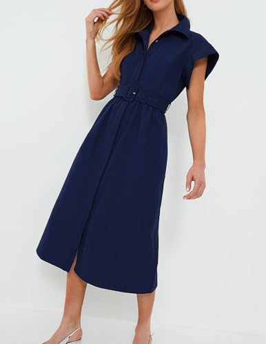 Women's Casual Button Shirt Dresses Short Sleeve Business Long Dresses Elegant Trench Coat with Pockets3