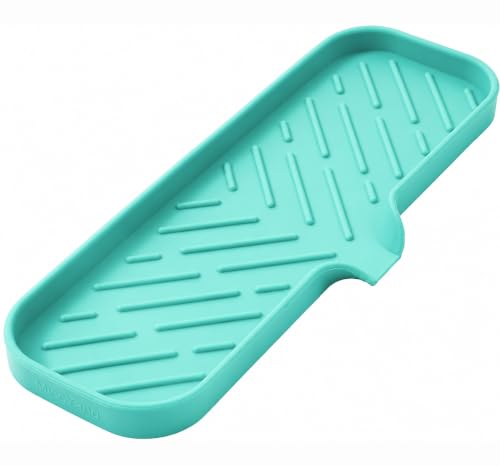 MicoYang Silicone Soap Dish with Drain Spout — Self-Draining Double Sink Organizer Tray for Kitchen & Bathroom, Dispensers, Sponges & Soap Holder, Non-Slip & Dishwasher Safe, Mint (Large, 12"×4")