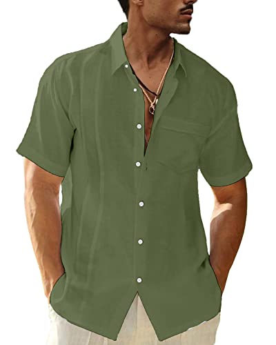 LVCBL Camisa de manga larga y manga corta para hombre, camisa de verano para ocio, con bolsillo en el pecho, corte regular, Verde militar., M