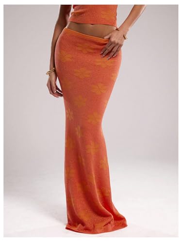 MakeMeChic Women's Boho Beach Floral Knitted Maxi Skirt Elastic Waisted Low Rise Long Skirts2