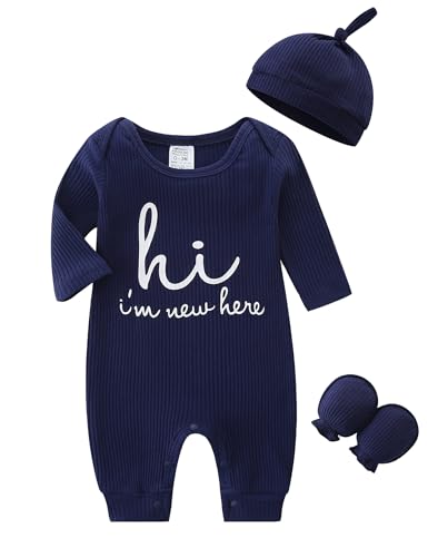 KIDDLETOWN Mono para bebé recién Nacido de Manga,Juego de 3 piezas Bebé Niñas Niños Pijama,Bebé Pijamas con sombreros y guantes, Recién Nacido Monos Niños Infantil Pijamapor 0 3 Meses