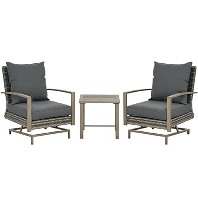 Outsunny 3-Piece Patio Wicker Bistro Set with Cushions, Aluminum Frame Outdoor PE Rattan Conversation Furniture with 2 Rocking Chairs, Slat Top Coffee Table for Porch, Backyard, Garden, Dark Gray