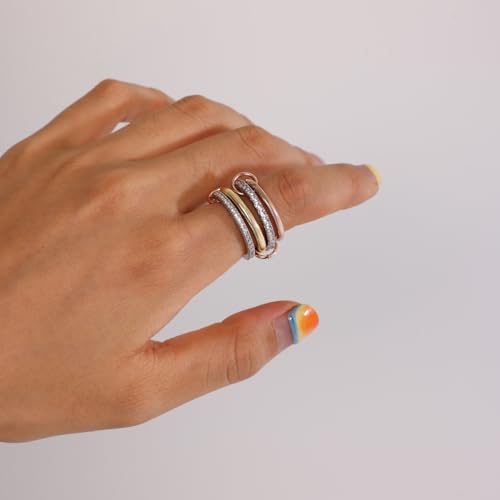 Elegant Gold Stackable Rings for Women - Non Tarnish Tri Color Rings Set, Perfect for Everyday Wear Ring Band, Gold Mixed Metal Rings Stack Interlocking Ring with Hoops2