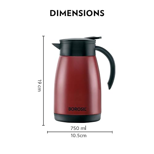 Image of Borosil Stainless Steel Teapot with Handle | Double Wall Vacuum Insulated Thermosteel Carafe | BPA Free Jug for Tea /Coffee & Juice | 18 Hours Hot & 24 Hours Cold | 1 Year Warranty (Red, 750ml)