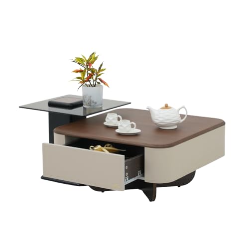 Image of Royaloak Verona Italian Square Coffee Table Set of 2 | Nesting Coffee Table for Living Room with Drawer Storage & Upholstered Cabinet | Glass & Wooden Material with Coordinated Design