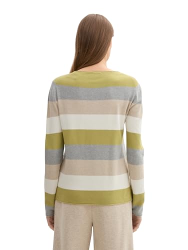Tom Tailor Damen Strickpullover mit Rundhals, 37067 - Green Block Stripe, M – Ansicht 2