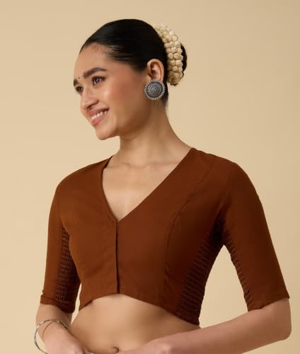 Image of Studio Shringaar Women's Thick Handloom Cotton Plain Side Stretch (Smocked) Readymade Saree Blouse
