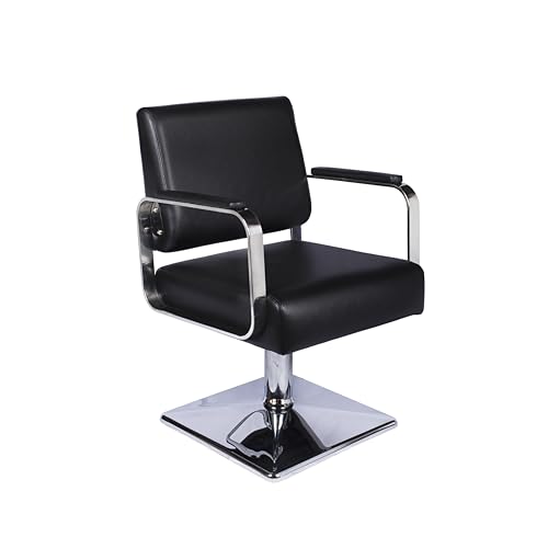Sillón de peluquería Negro, Brazos de Aluminio, Apoyabrazos de Polipiel, Bomba Hidráulica con Bloqueo, Base Cuadrada