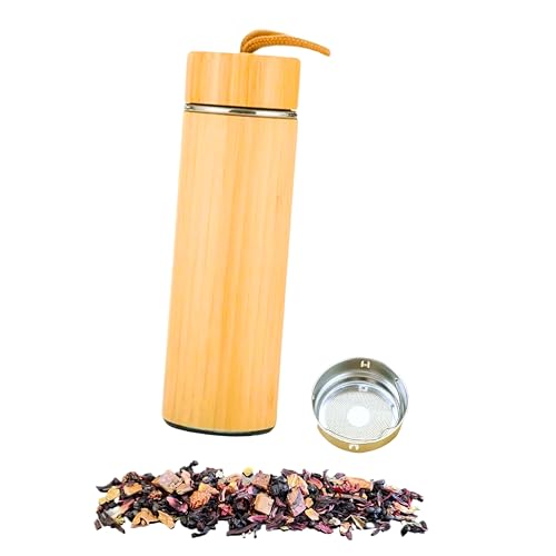 Ktchnhlprz Botella de té con colador de té, cuerda de bambú, doble pared, acero inoxidable, colador de té extraíble, hasta 6 horas de bebidas calientes y hasta 8 horas frías, termo
