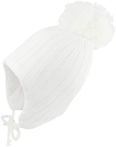 Pesci Baby Girls or Boys Pom Pom Hat with Ear Flaps and Chin Ties Beanie Bobble Hats Winter Wooly Knitted Warm Thermal Cap (White, 3-6 Months)