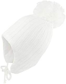 Pesci Baby Girls or Boys Pom Pom Hat with Ear Flaps and Chin Ties Beanie Bobble Hats Winter Wooly Knitted Warm Thermal Cap (White, 3-6 Months)