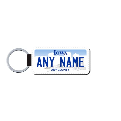 Teamlogo Personalized Iowa License Plate Faux Leather Keychain Custom Decorated with Any Name or Text That You Want. Printed in The USA. Ready to Ship on The Next Business Day | Ver 1