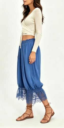 Image of UAURORAO Women Lace Trim Bloomer Pants Flowy Culottes Pantaloons Bloomers