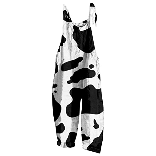 Generisch Kuh Kostüm Damen - Jumpsuit Damen Kuschelig Spaghetti Rückenfrei Latzhose Elegant Ärmelloser Wide Leg Romper Stomper Lustig Kuhdruck Fasching Overall mit Taschen