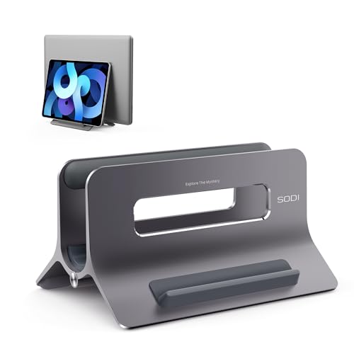 SODI Vertical Laptop Stand for Desk, Gravity Auto Lock MacBook Stand, Aluminum Laptop Holder Vertical Compatible with MacBook Pro, Air, Tablet, Space-Saving Organize Work & Home Office, Gray