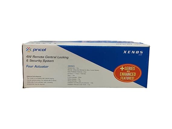 Davant view of the Pricol Xenus 4W Remote Control Locking & Security System packaging, highlighting 'Enhanced Features' with a sticker.