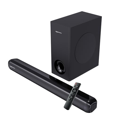Image of amazon basics 90W Soundbar with Wired Subwoofer | 2.1 Channel Home Theatre|Bluetooth 5.3, HDMI ARC, USB, AUX | Deep Bass Subwoofer | Remote Control | Soundbar for Smart TVs, Gaming & Music (Black)