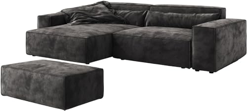 DELIFE Eckcouch Sirpio XL Mikrofaser Schwarz 270x170 cm Recamiere variabel mit Hocker