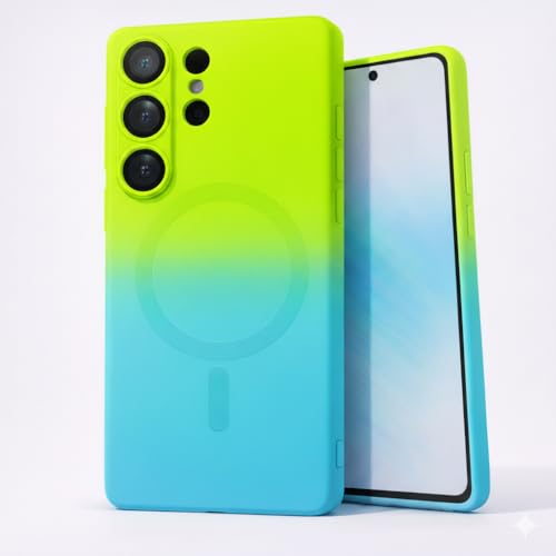Image of amazon basics Gradient Mag-Safe Case for Samsung Galaxy S22 Ultra | Soft Silicone Shockproof Cover with Camera Protection | Slim Lightweight Design | Smooth Touch & Durable - Green & Blue